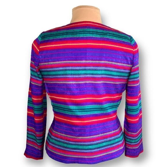 Vintage Adrianna Papell Jacket Collarless Hourglass Blazer Silk Rainbow Stripe - Picture 3 of 11
